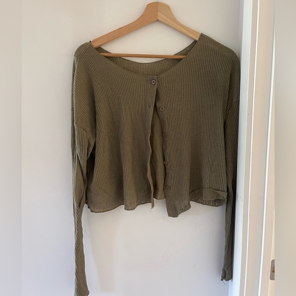 Olive Green Ribbed Button-Up Women's Top